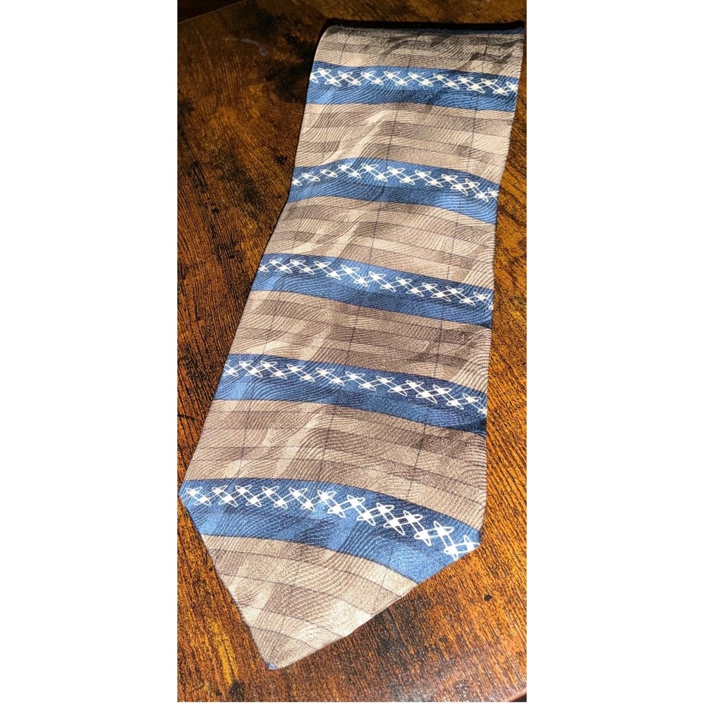 Towne Square Mens Silk Tie Blue Brown Striped Geometric Made in USA Necktie